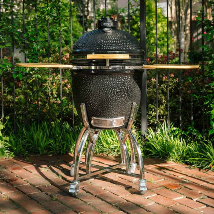 Coyote Ceramic Asado Smoker with Wheeled Stand & Side Shelves - C1CHCS-FS