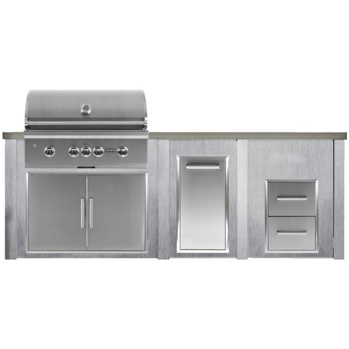 Haven 8 Ft. Outdoor Kitchen Island with Coyote 36" Grill, Double Access Doors, Trash Center & Two Drawer Cabinet - HCOY96DRAWAB