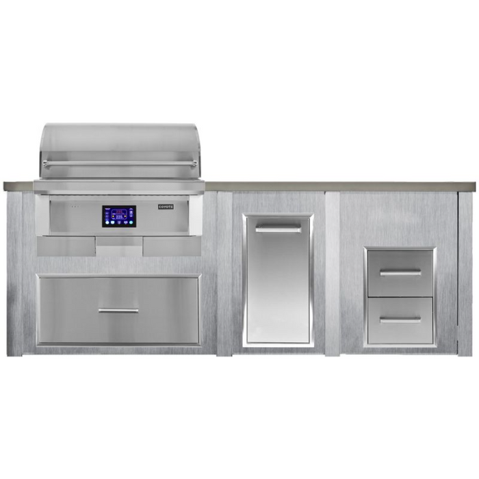 Haven 8 Ft. Outdoor Kitchen Island with Coyote 36" Pellet Grill, Single Storage Drawer, Trash Center & Two Drawer Cabinet - HCOY96PDRAWAB