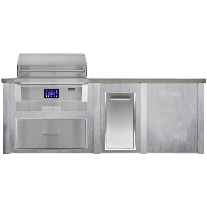 Haven 8 Ft. Outdoor Kitchen Island with Coyote 36" Pellet Grill, Single Storage Drawer & Trash Center - HCOY96PPANAB