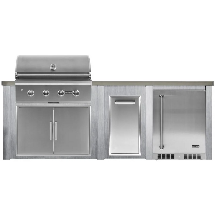 Haven 8 Ft. Outdoor Kitchen Island with Coyote 36" Grill, Double Access Doors, Trash Center & Fridge - HCOY96REFAB